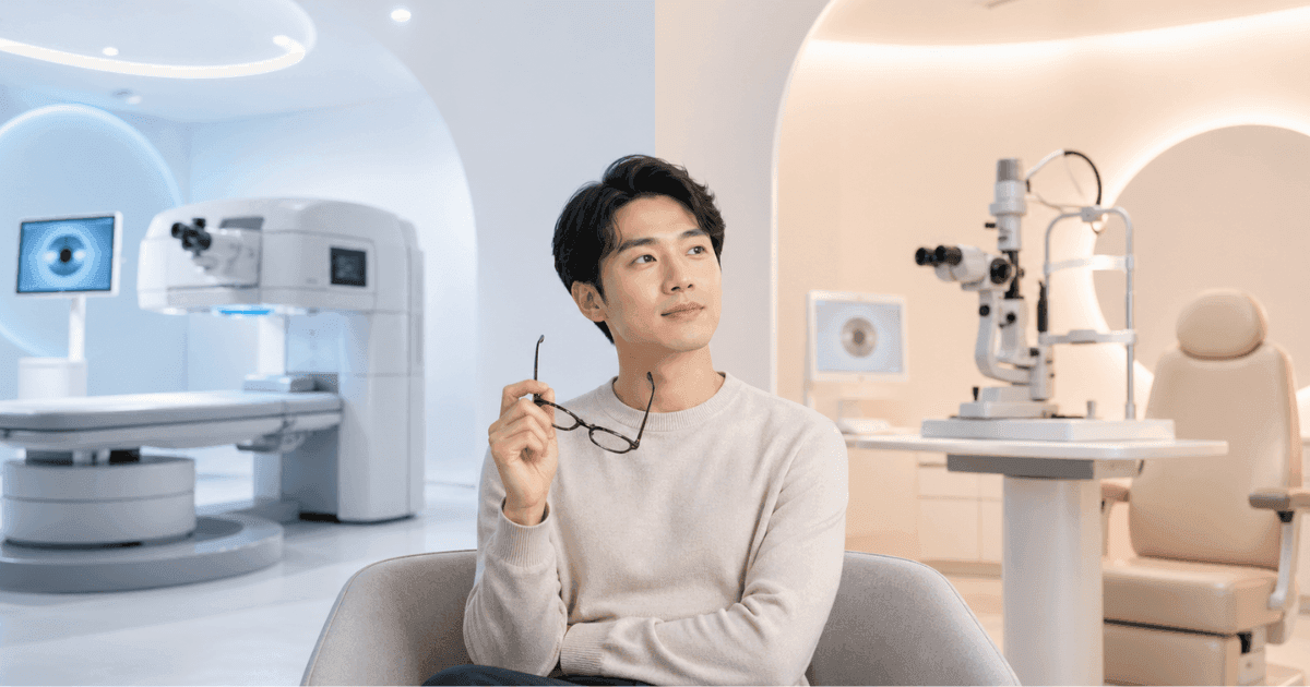 Asian adult holding glasses for LASIK vs ICL vision correction comparison