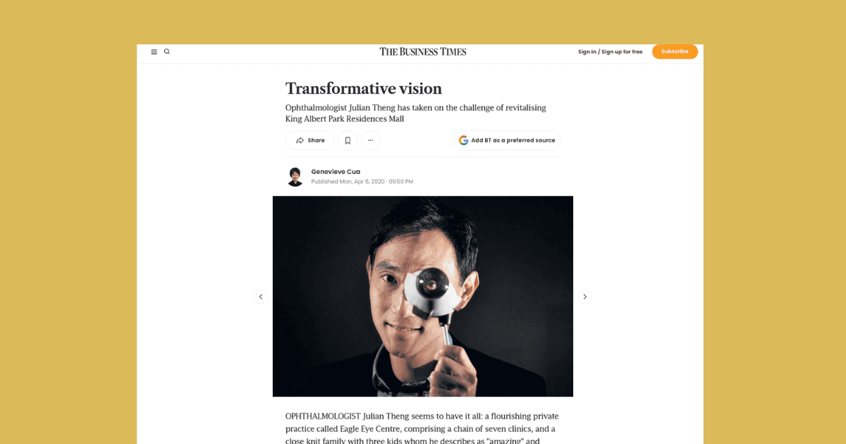 The Business Times features Dr. Julian Theng on EEC's growth into a leading eye clinic.