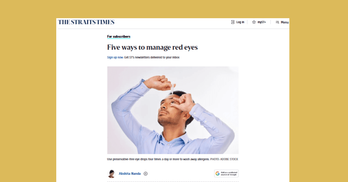 Man applying eye drops in Straits Times red eyes article