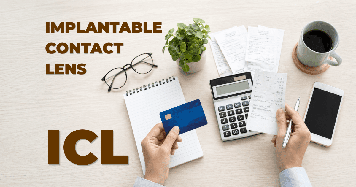 Desk with eyeglasses, calculator, receipts and credit card illustrating budgeting for ICL vision correction cost