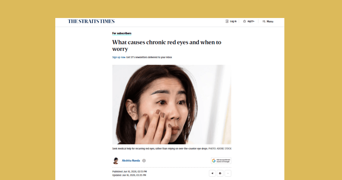 Woman checking red eyes in The Straits Times article