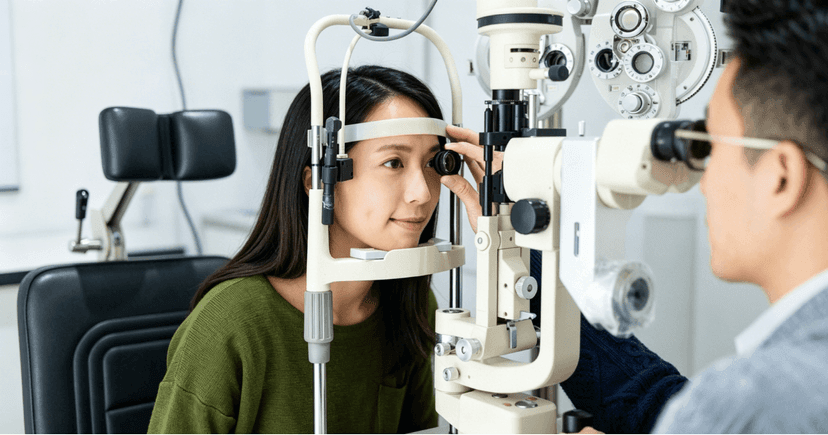 Optometrist performing LASIK evaluation on a female patient.