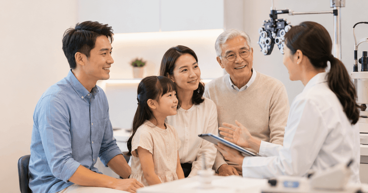 Singaporean family attending an eye health assessment at Eagle Eye Centre Singapore